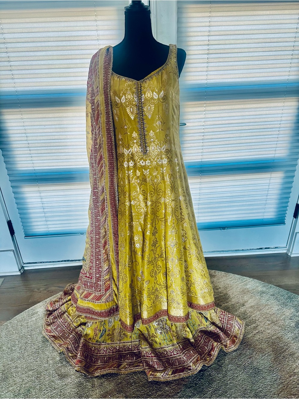 Yellow Embroidered Maxi Dress with Contrasting Dupatta